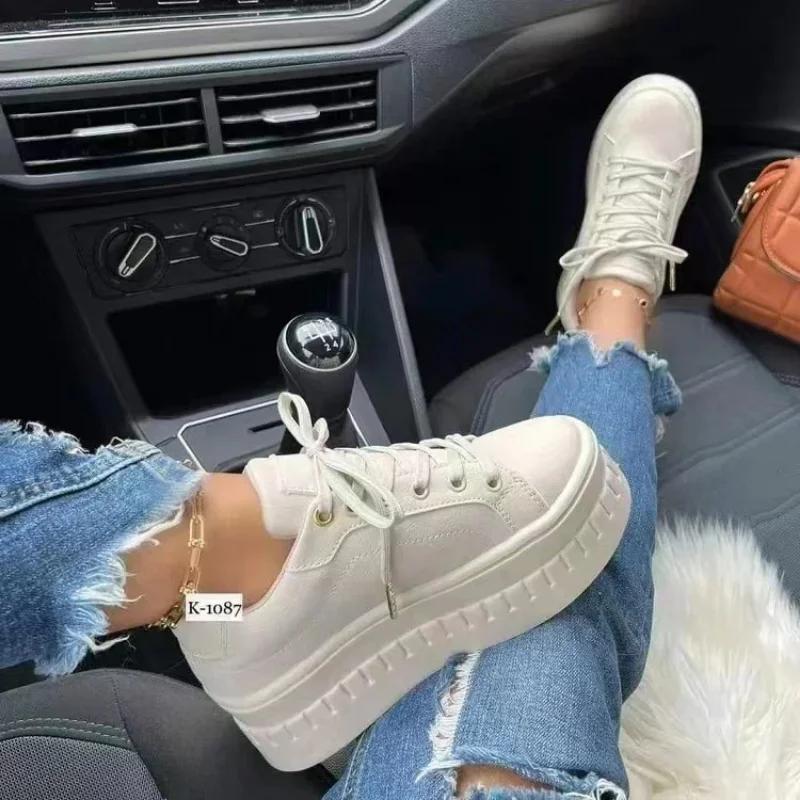Baskets légères à plateforme en cuir PU pour femmes, chaussures de sport à tête ronde, à lacets, vul