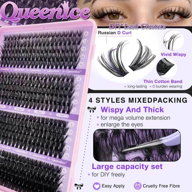 QUEENICE 800 pièces de faux cils en grappe de longueur mixte |   Léger, doux, facile à appliquer, De