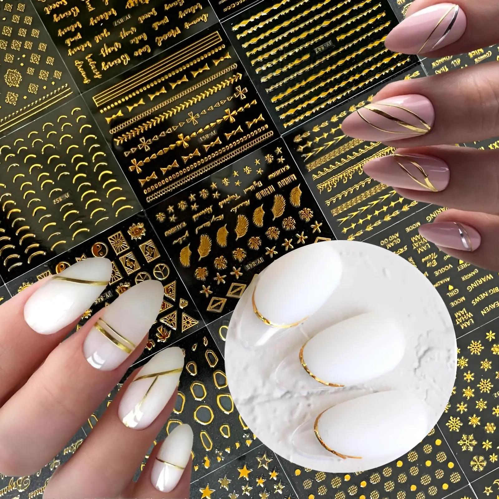 Autocollants pour ongles en or, 30 feuilles, autocollants 3D auto-adhésifs pour ongles, ligne dorée,