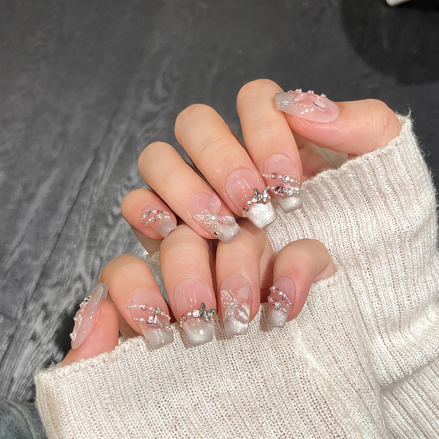 10 faux ongles réutilisables avec motif papillon, œil de chat rose, style français, faits à la main,