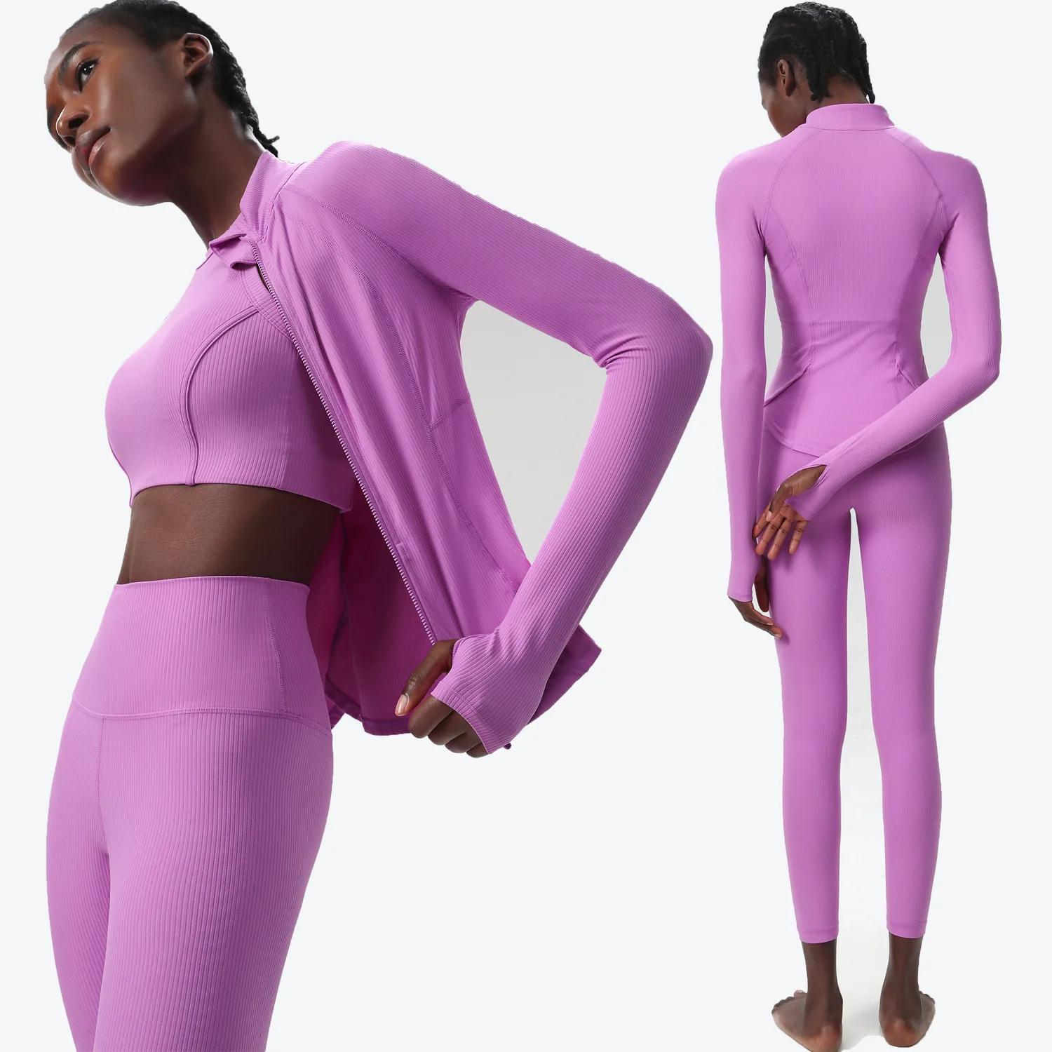Ensemble de Yoga 3 pièces pour femmes, couleur unie, côtelé, combinaison de gymnastique, manches lon