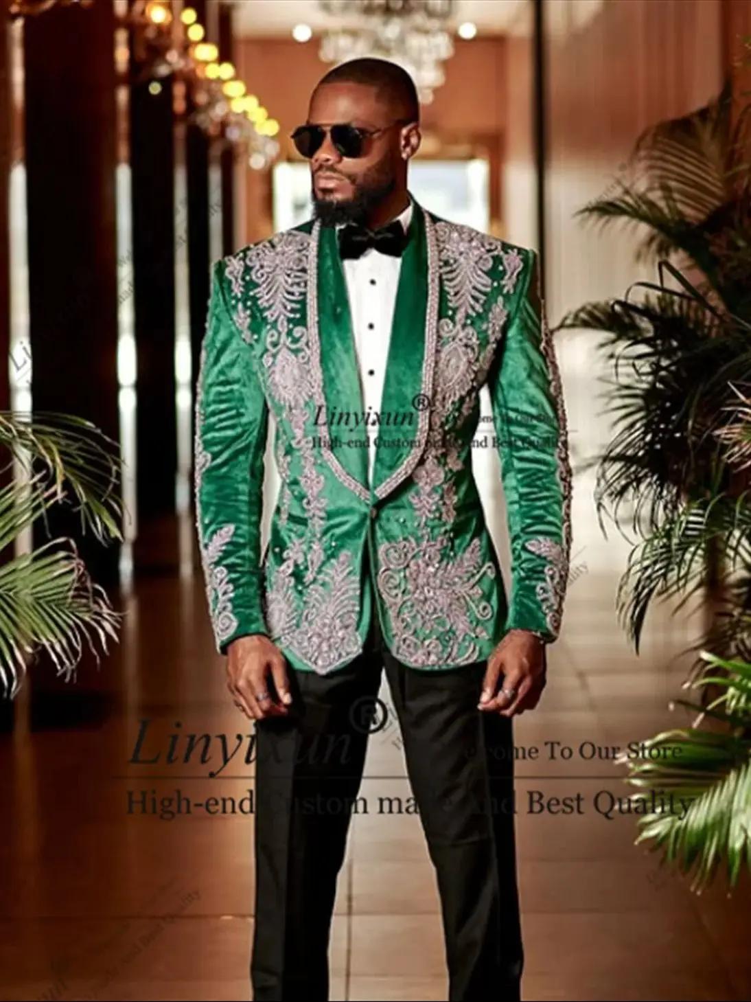 Costumes de luxe en perles pour hommes, châle à revers, smoking de marié de mariage, ensemble 2 pièc