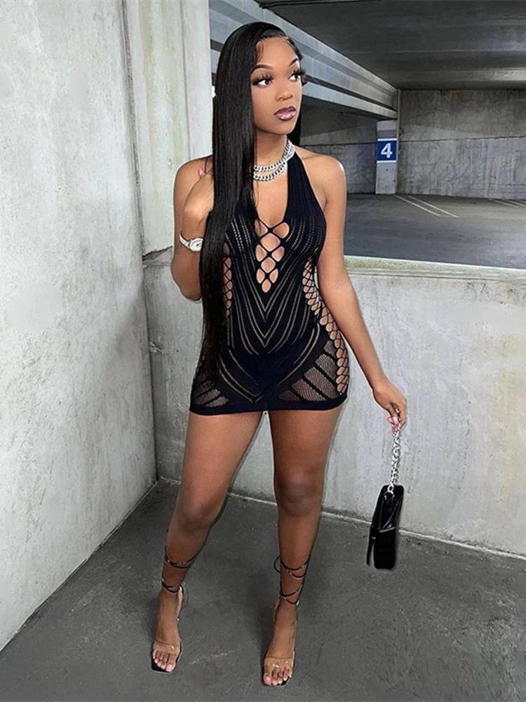 Robe courte dos nu en dentelle transparente pour femmes, chemise de nuit dos nu creux, pyjama sexy, 