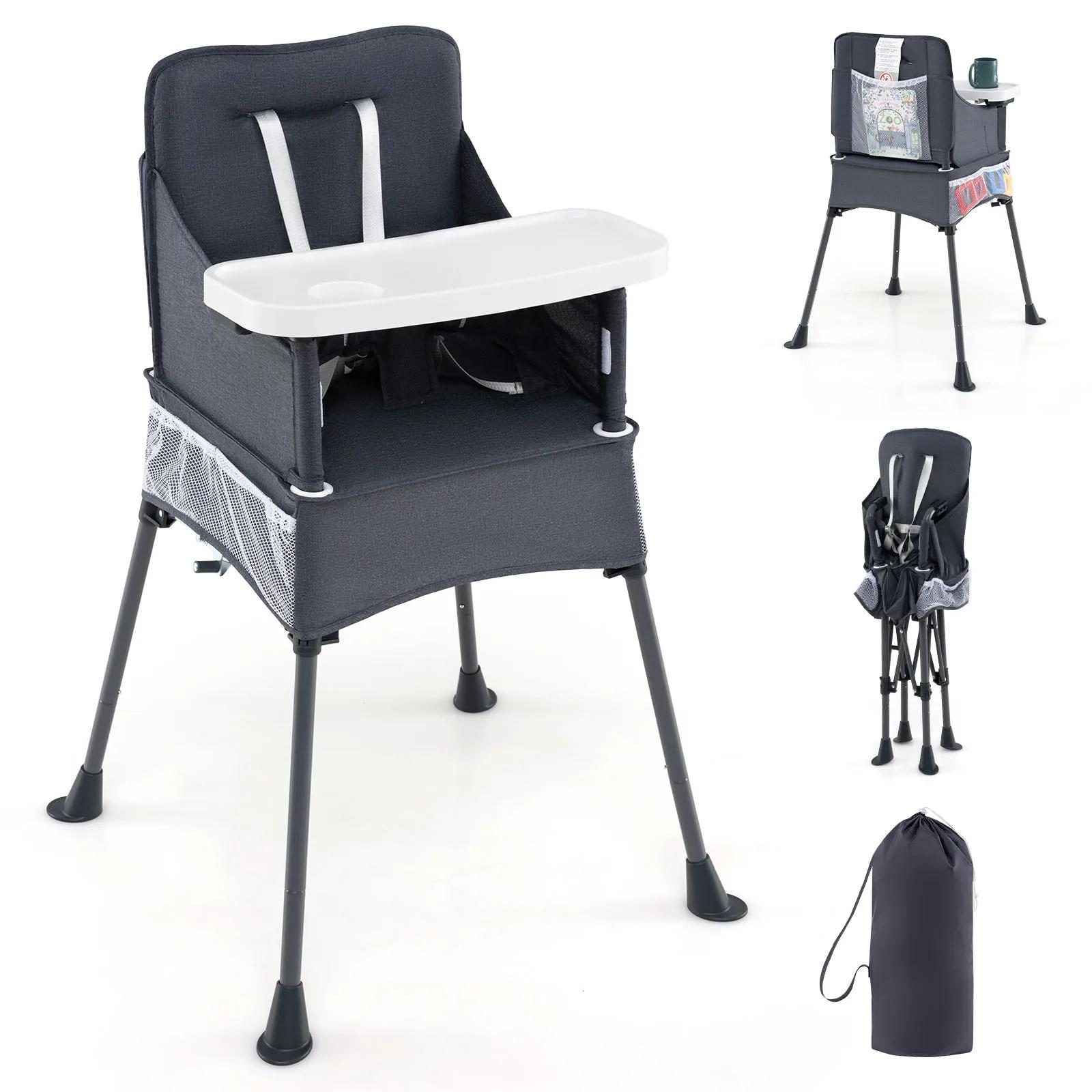 Chaise haute pliante pour bébé avec plateau réglable, sac de rangement et ceinture de sécurité, chai