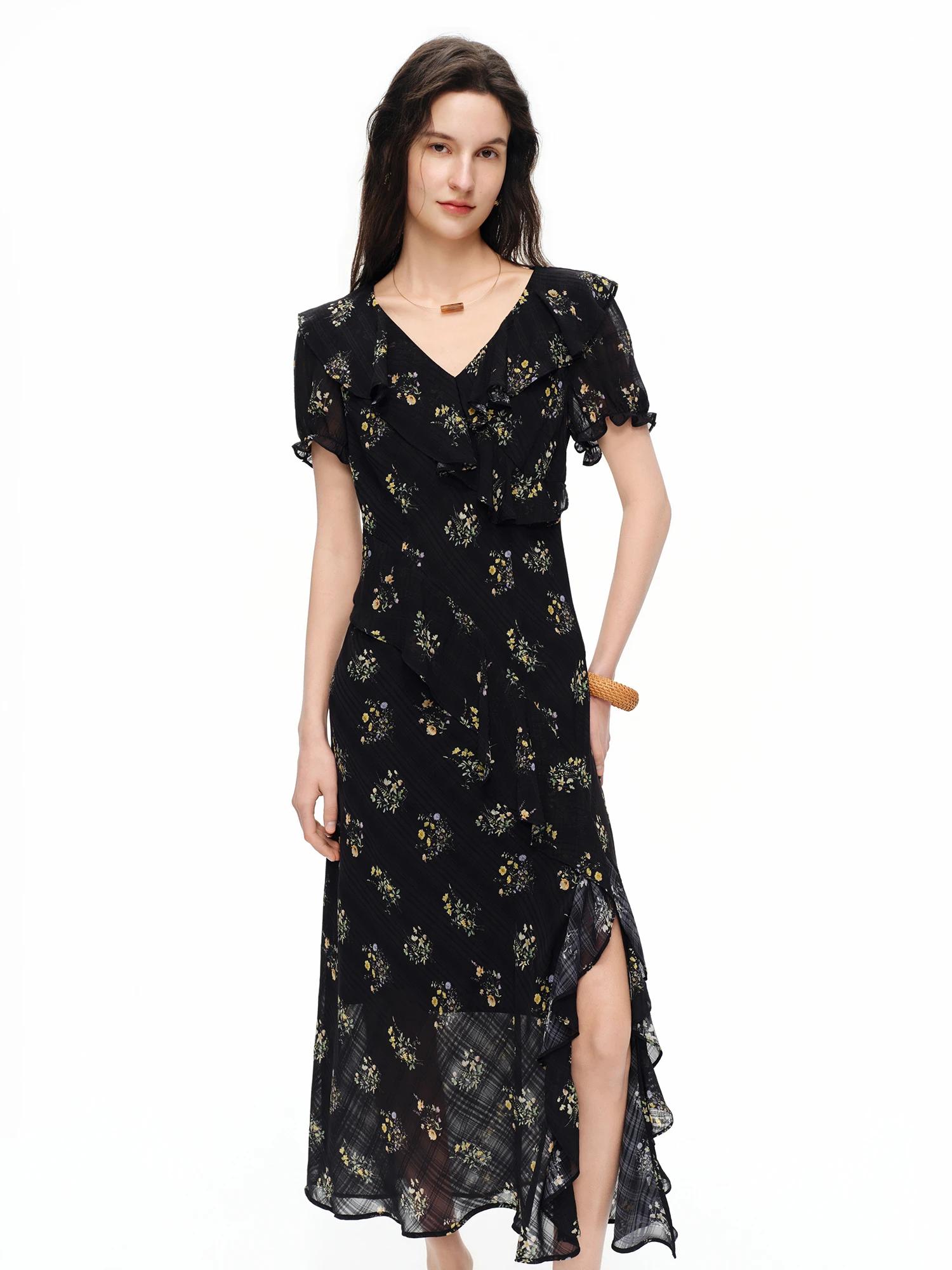 Robe florale à motif quadrillé subtil DUSHU 2026 pour femme avec volants - Style féminin et délicat 