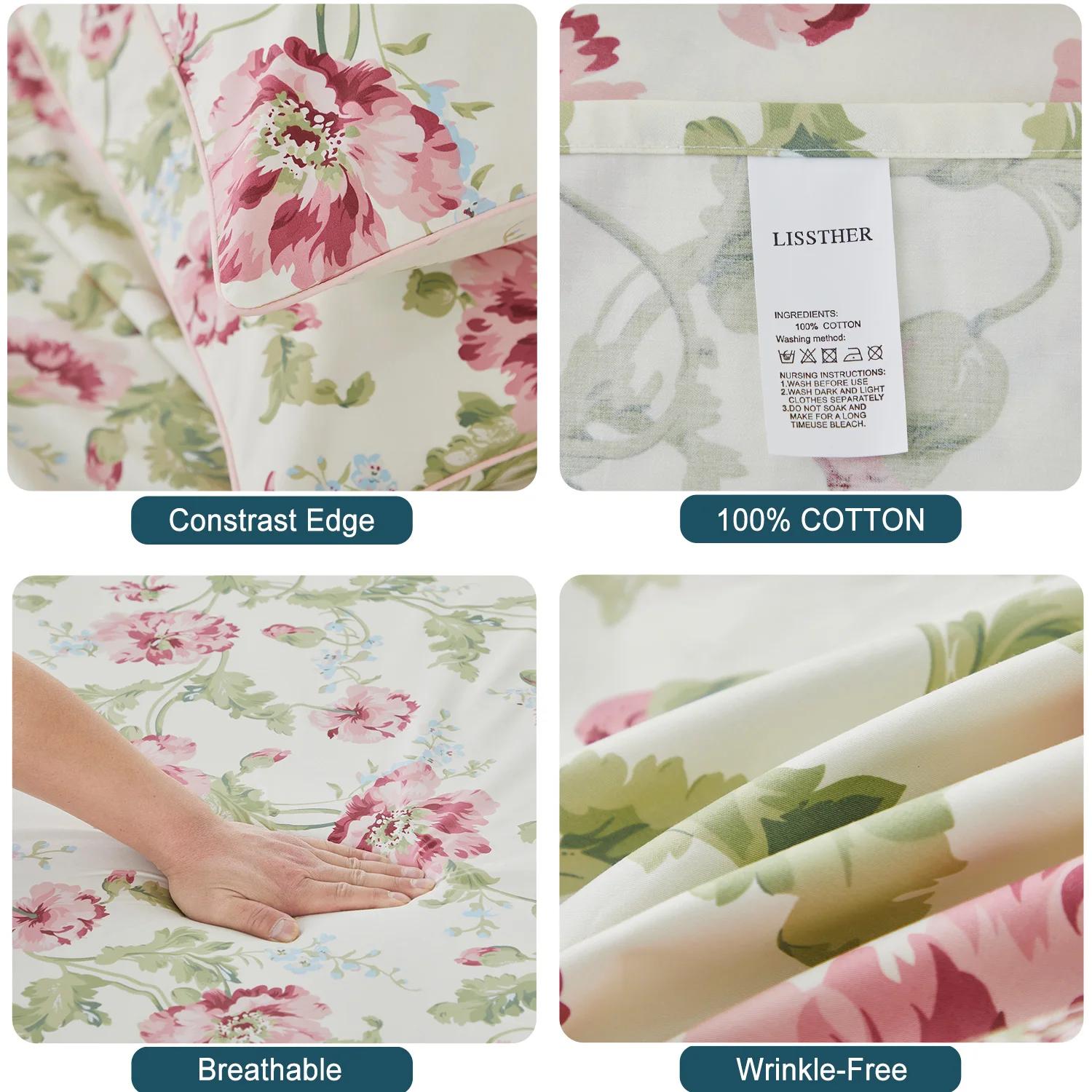 Ensemble de housses de sport en coton égyptien, sans noyau, fleuri, rose et vert, shabby chic, doux