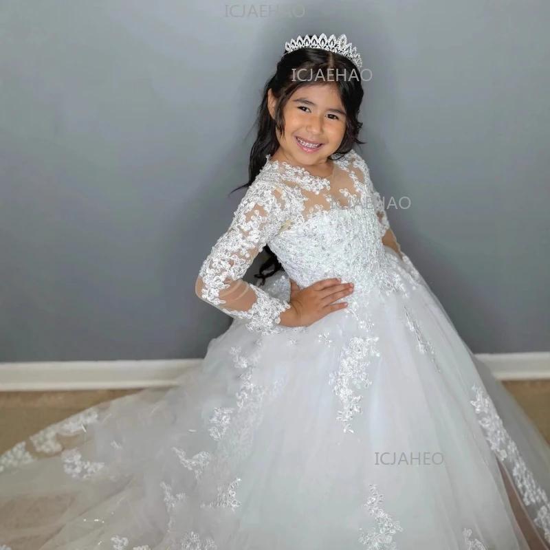 Robe de soirée blanche pour enfants 2026, style tutu à traîne, manches longues, pour spectacle, anni