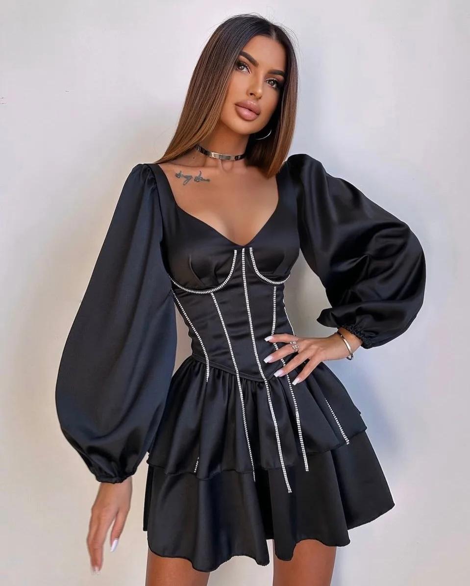Robe de soirée élégante en satin noir, col en V unique, manches longues, robes de soirée formelles a