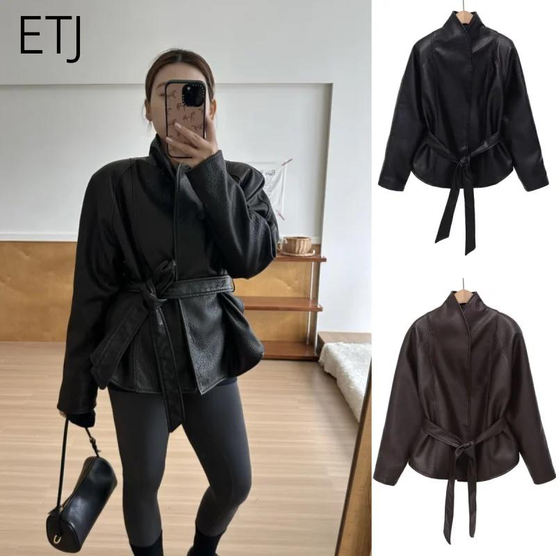 Veste Courte Ceinturée en Similicuir PU Vintage pour Femme ETJ, Col Montant, Collection Printemps 20