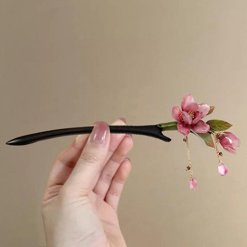 Épingle à cheveux florale de Style chinois, pompon de fleur rose, accessoire de cheveux élégant Hanf