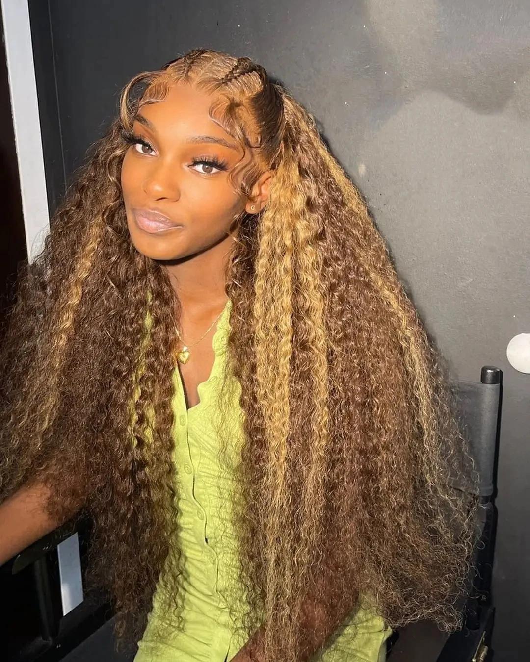 Perruque Lace Front Wig naturelle ondulée, cheveux humains, Deep Curly, brun miel, 13x4, à reflets, 