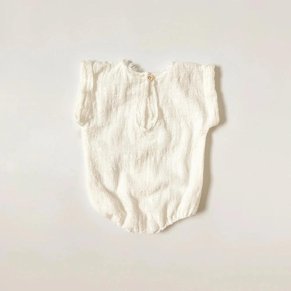 Barboteuse de photographie pour nouveau-né, bouton en lin blanc, manches courtes, accessoires Photo 