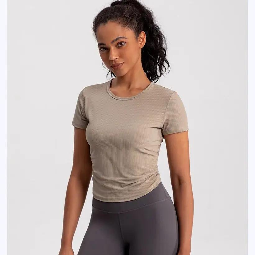 T-Shirt de Yoga sans couture pour femmes, chemise de Sport côtelée, hauts de Sport respirants, chemi