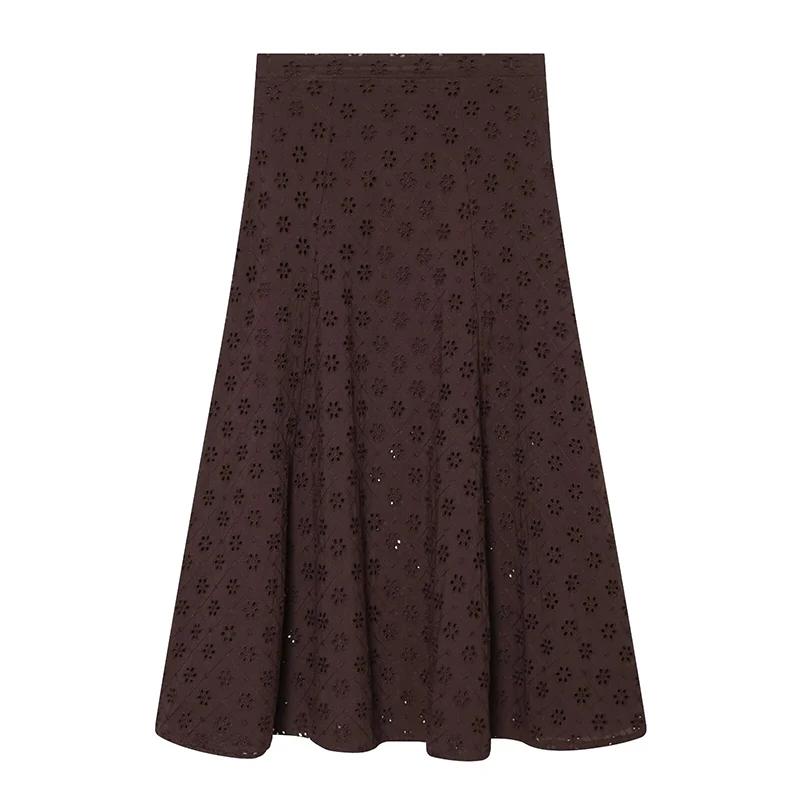 YENKYE Nouvelle jupe midi marron brodée ajourée pour femme 2026, décontractée, taille haute, coupe t