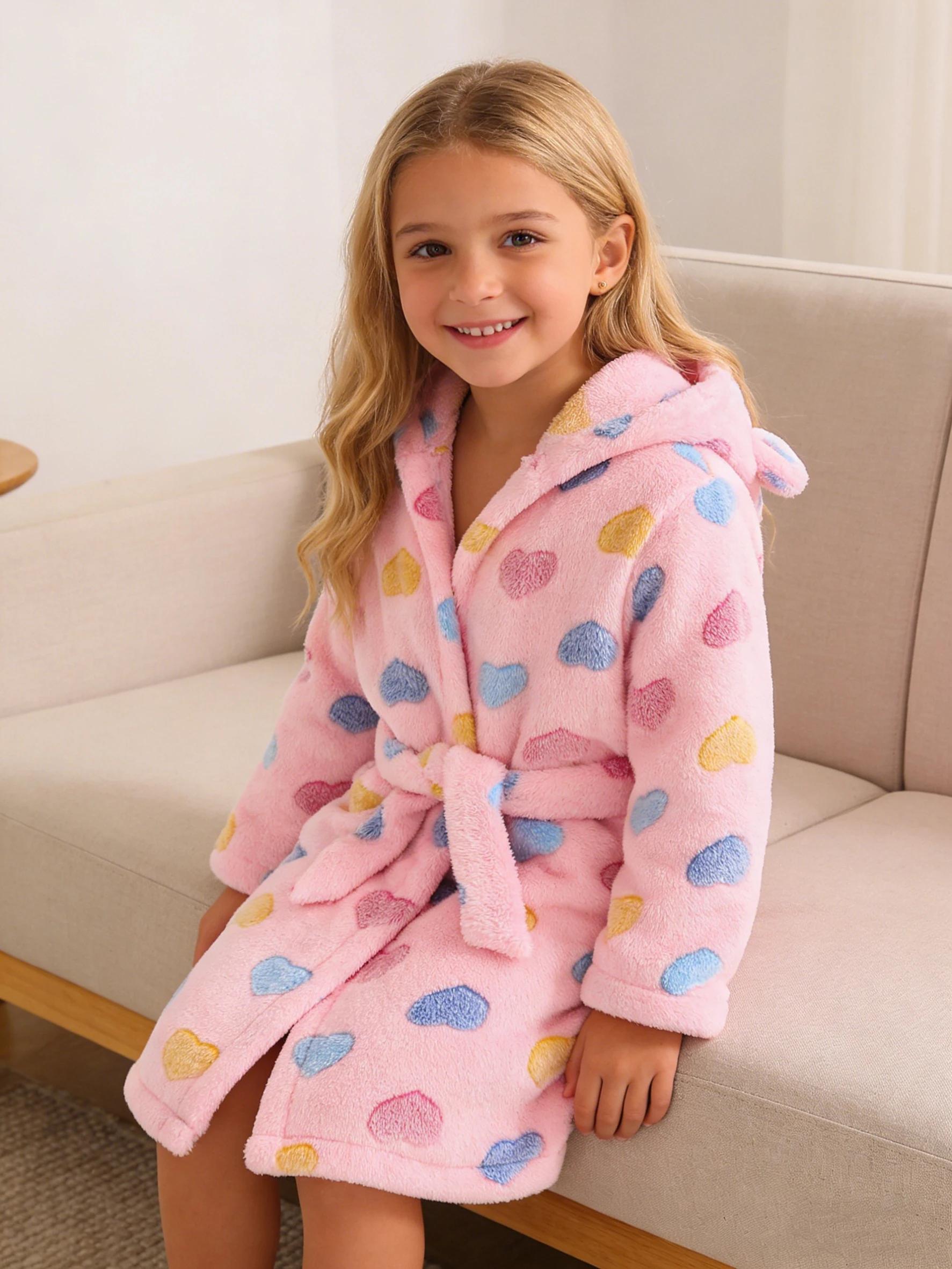 Peignoir pour filles, automne/hiver, manches longues et capuche, tissu doux et chaud pour porter à l