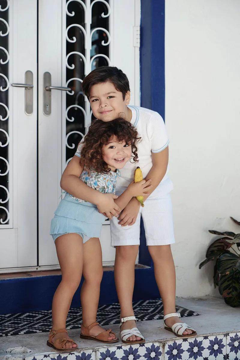 Vêtements assortis à fleurs et tricotés pour enfants, 2024 coton, collection été bleu Shabbos, soeur