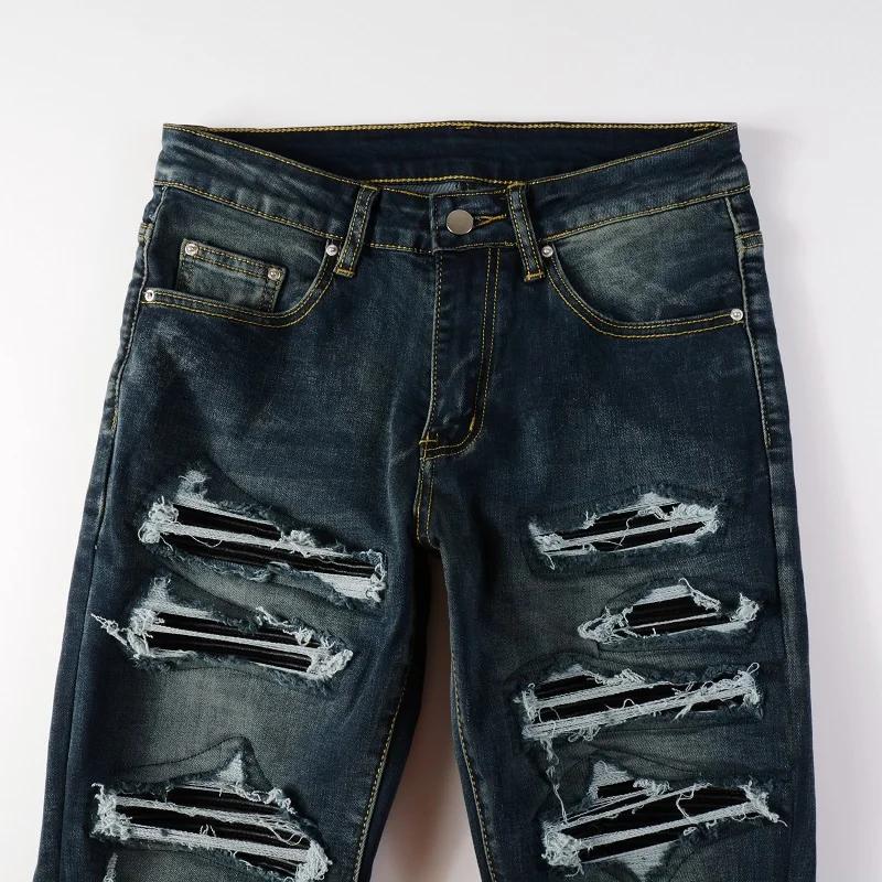 Jean en Denim pour hommes, patchs en cuir noir, Streetwear, pantalon slim conique, trous déchirés, p
