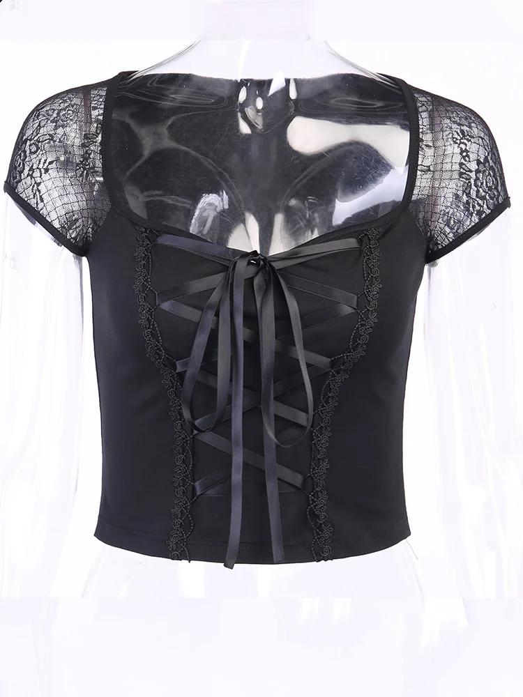 Vintage hauts Goth T-shirt femmes moulante pansement dentelle noir T-shirts gothique Streetwear Sexy