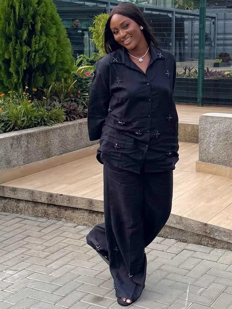 Ensemble 2 pièces pour femme, vêtements d'automne, couleur noire, pantalon et chemisier élégants, ma