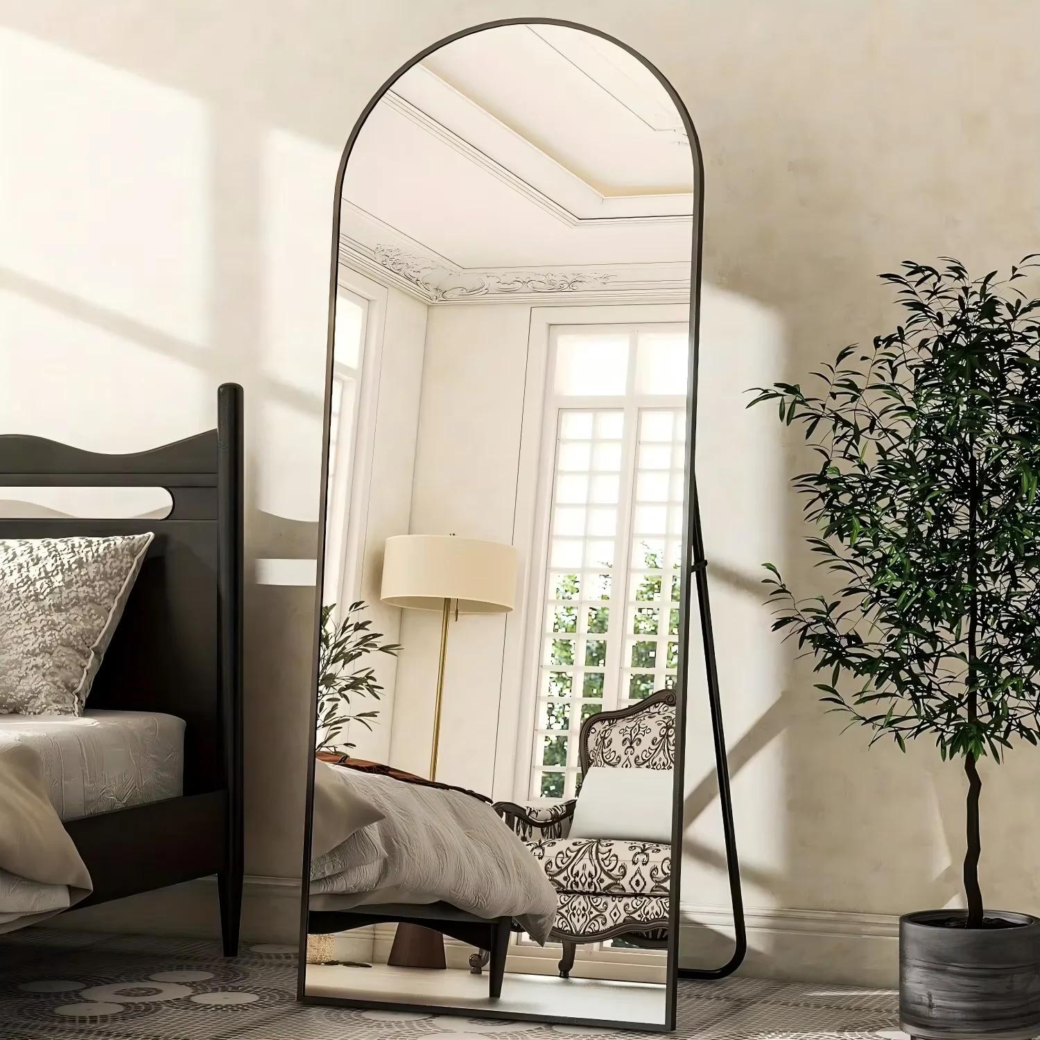 Miroir arqué pleine longueur, miroir de sol en arc avec support, miroir mural, miroir de face, dessu