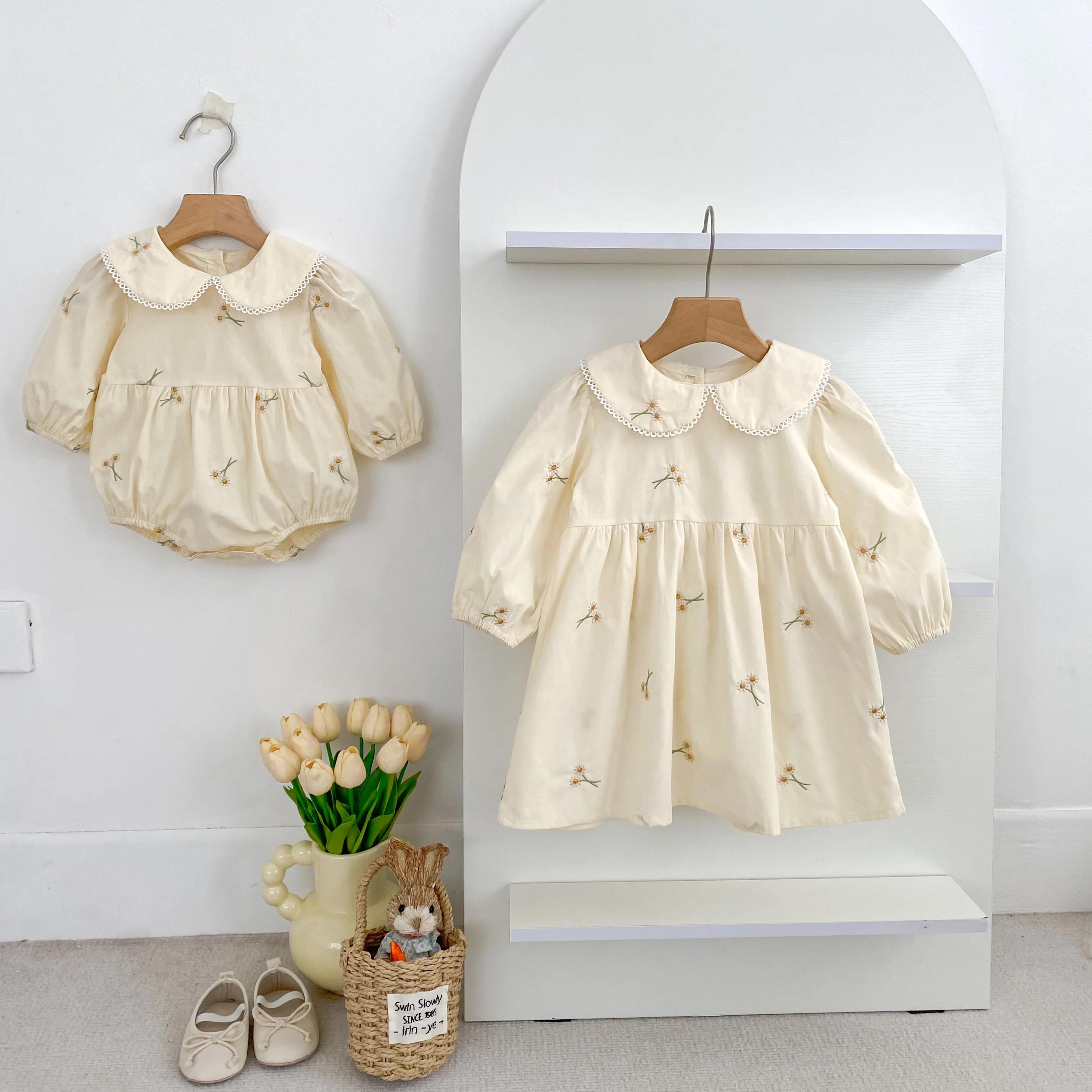 Vêtements de printemps pastorale pour petites filles, robe d'automne en coton brodé à fleurs, robe d