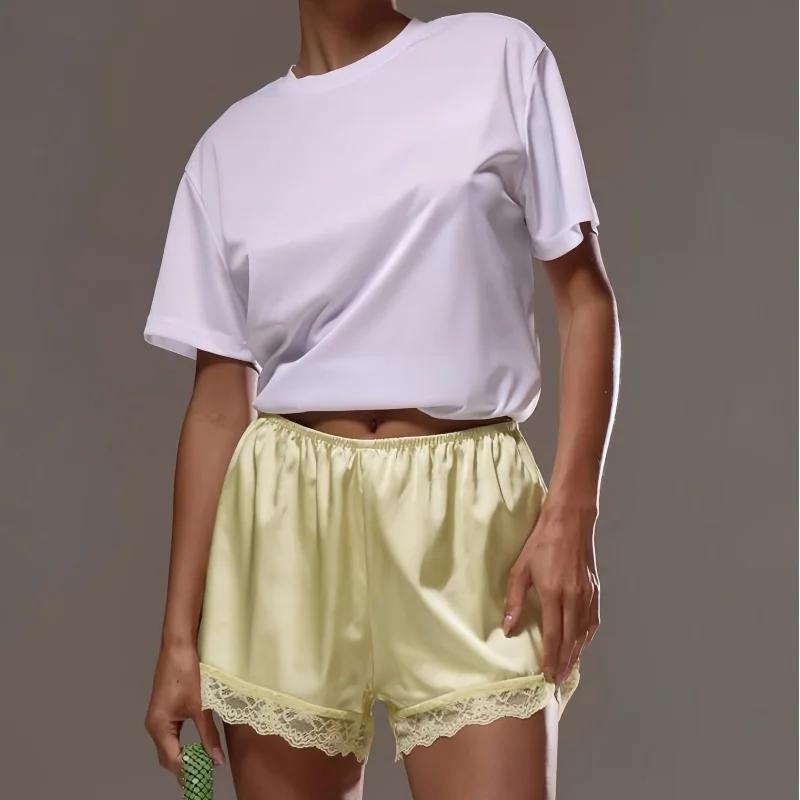 Short de salon en Satin pour femmes, taille élastique, dentelle, Patchwork, pyjama ample, vêtements 