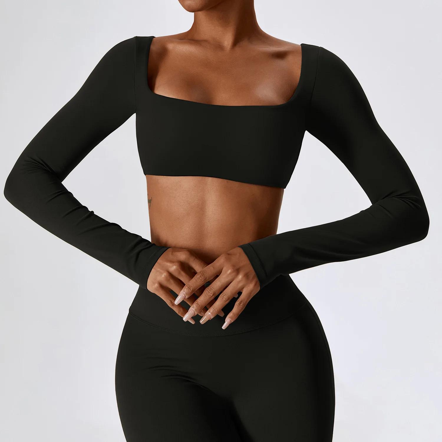 Haut de yoga femme sexy - Chemise sport manches longues court pour fitness et entraînement sportif