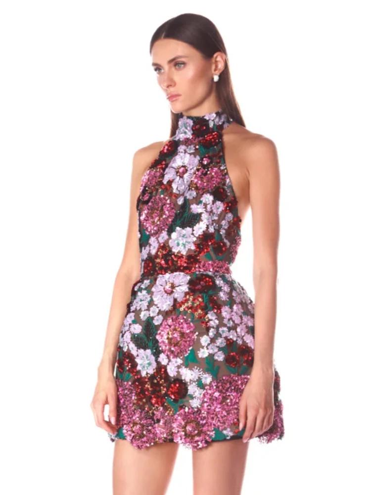 Mini robe Sexy à paillettes et fleurs brodées pour femmes, col licou, sans manches, dos nu, paillett