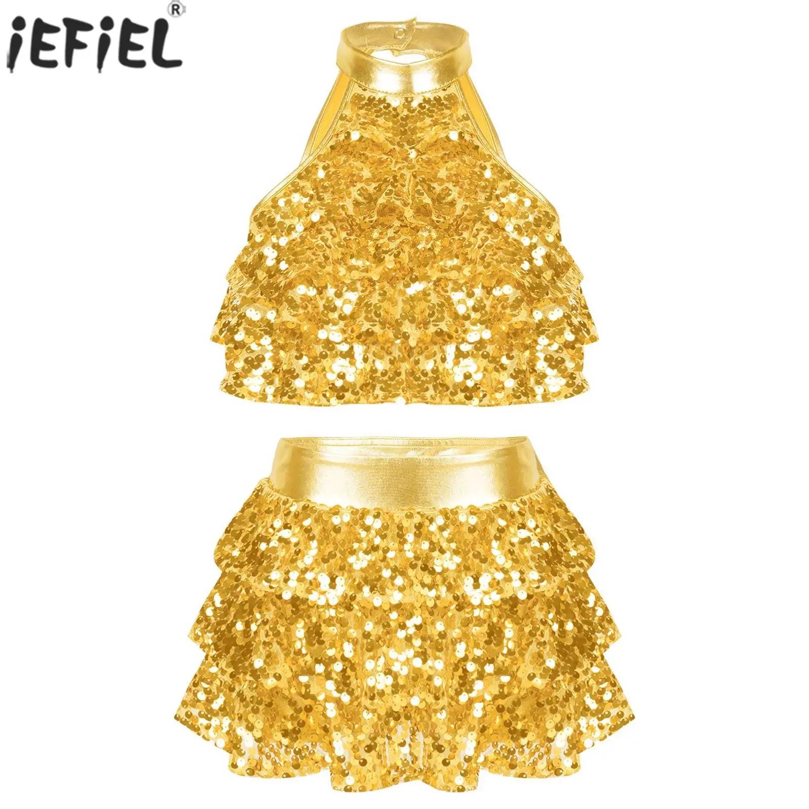 Haut court à plusieurs niveaux avec jupe pour enfants, paillettes brillantes pour filles, ensemble d