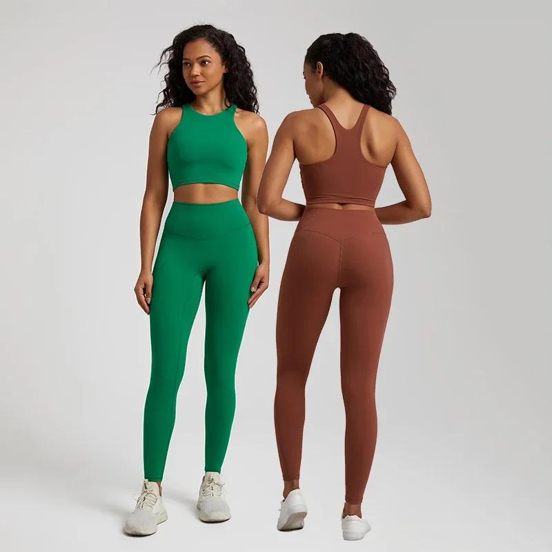 Ensemble yoga femme 2 pièces - Leggings taille haute et soutien-gorge court - Vêtements fitness doux