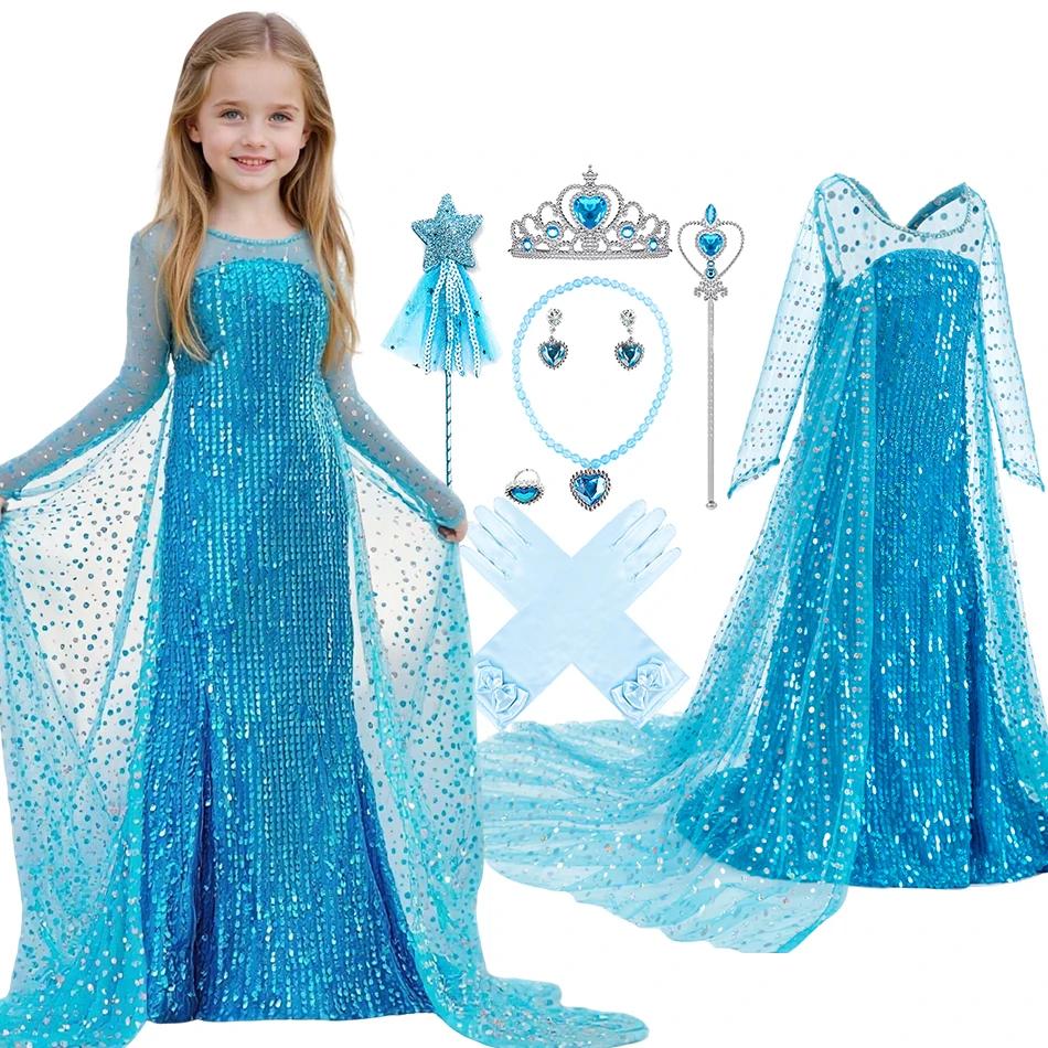Robe de Cosplay Elsa à paillettes bleues pour enfants, Costume de princesse bleu élégant pour filles