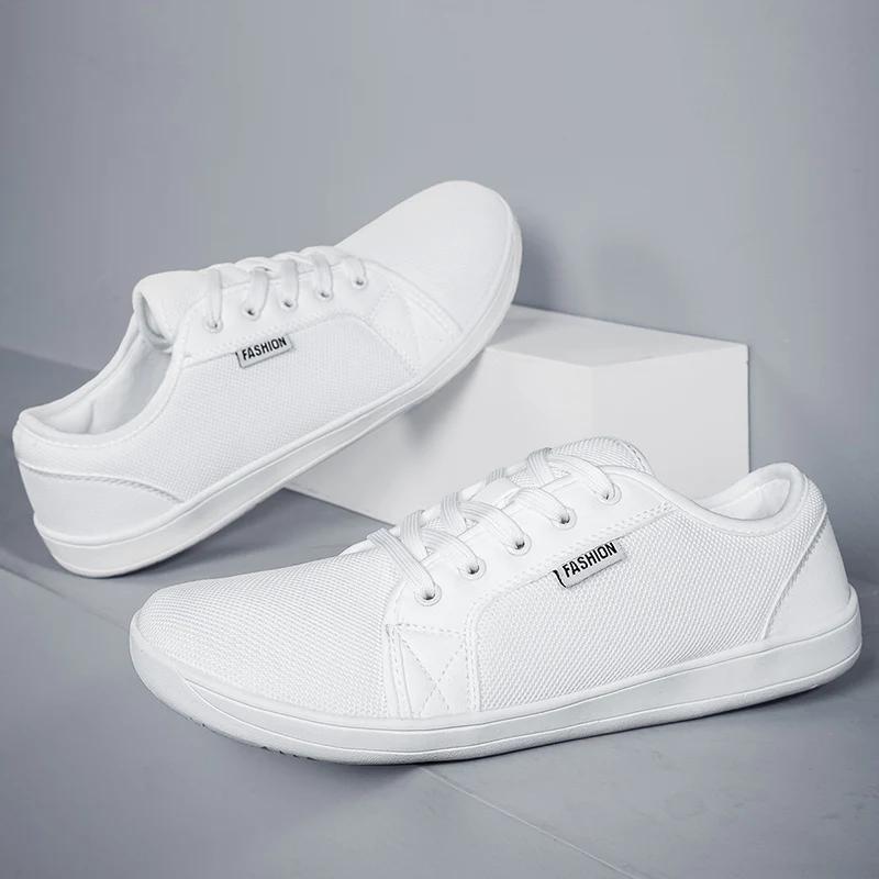 Baskets pieds nus blanches à la mode pour hommes et femmes, chaussures de marche à bout large, maill