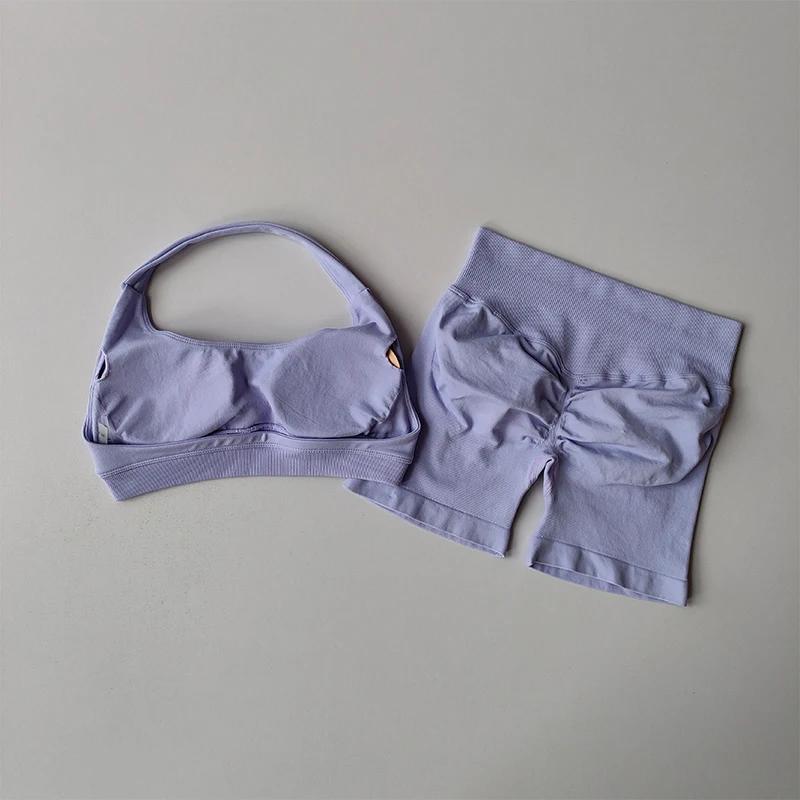 Ensemble fitness sexy licou cou dos nu taille haute soutien-gorge short Pilates Yoga