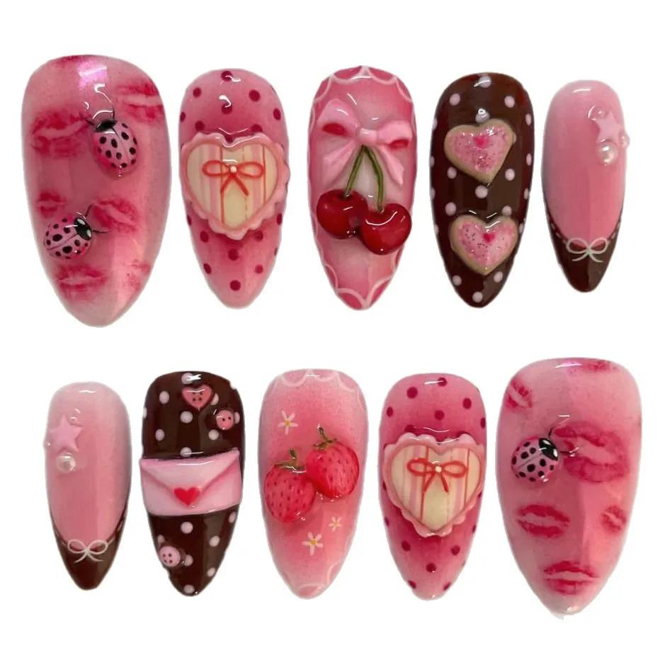 24 pièces lettre douce presse sur ongles mignon cerise nœuds papillon coccinelle fraise décor faux o