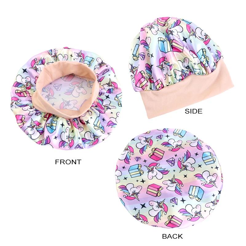 Dessin animé bébé enfants imprimer Satin Bonnet chapeau de sommeil casquette pour cheveux bouclés ré