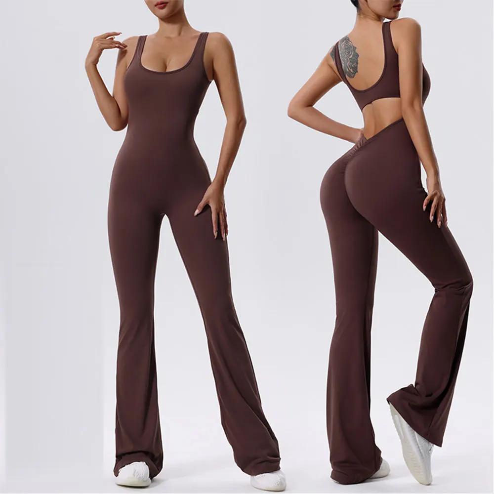 Combinaison de sport une pièce pour femme, dos en V froissé, pantalon évasé imbibé, barboteuses de f