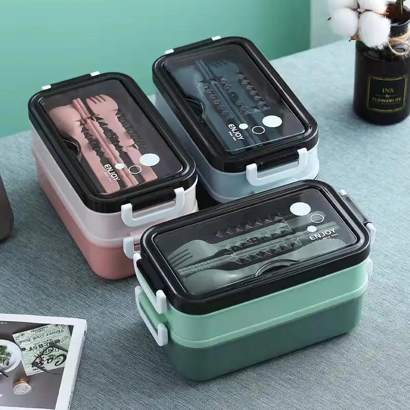 Boîte à déjeuner Double couche de 1400ml, compartiment Portable, boîte à nourriture, micro-ondes, av