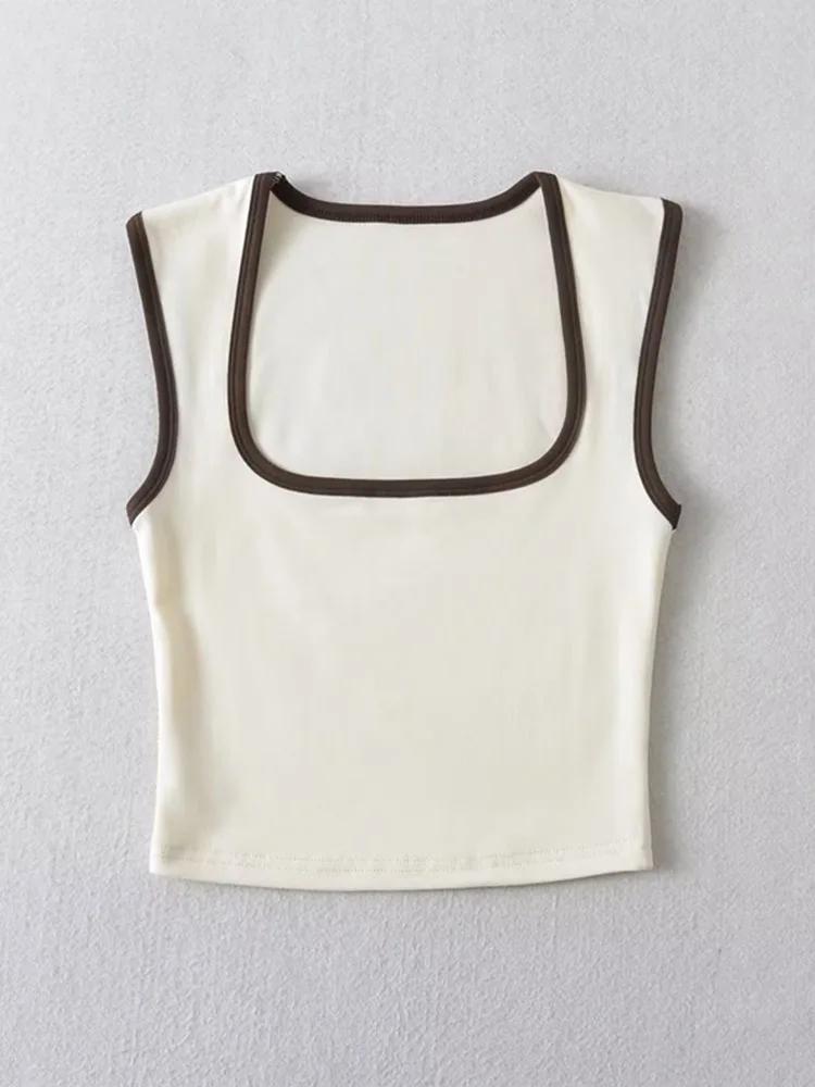 Débardeur sans manches pour femme, Slim, couleur contrastée, décontracté, col carré, haut court, vêt