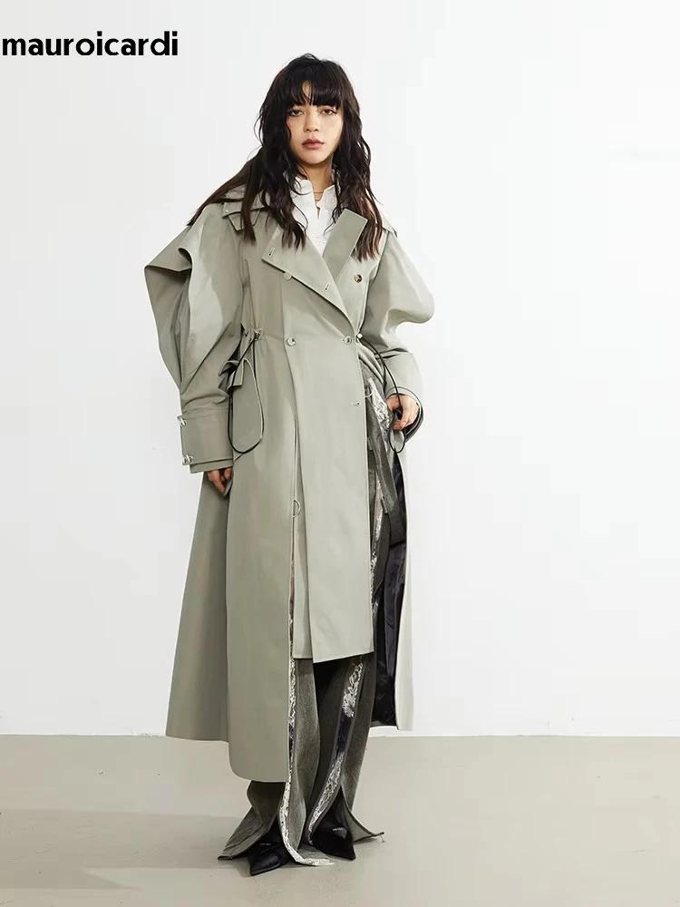 Mauroicardi-Manteau long à double boutonnage pour femme, pardessus élégant à volants, mode de piste,
