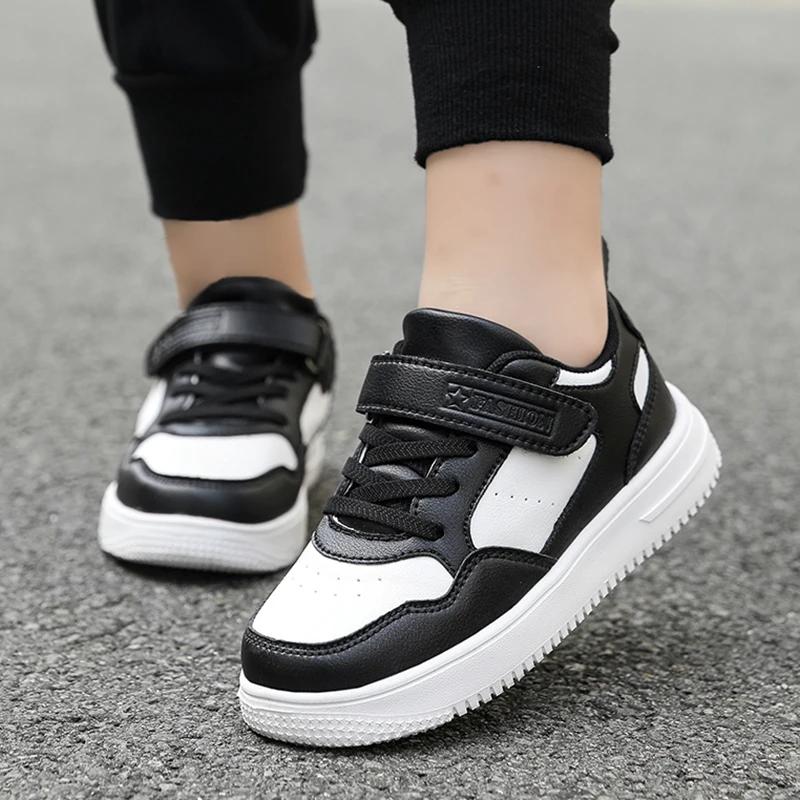 Baskets école garçons filles cuir confortables - Chaussures plates noires blanches antidérapantes pour marche