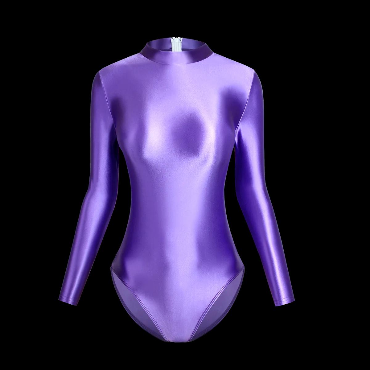 Maillot bain une pièce satin femme manches longues - Justaucorps sexy dos zip grande taille