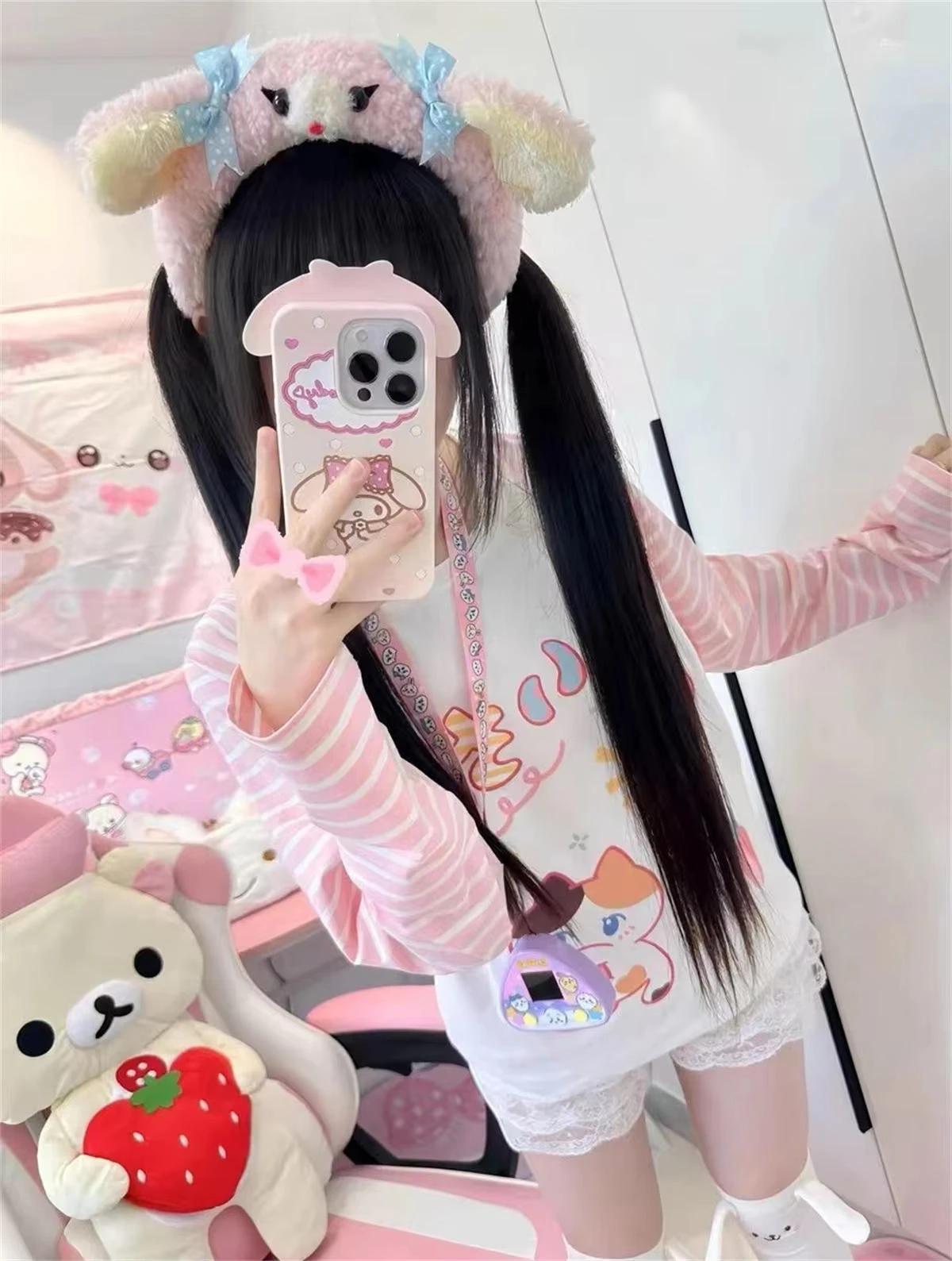 Kawaii dessin animé T-shirt Hip Hop rose T-shirt petit ami corée T-shirt à manches longues ample ray