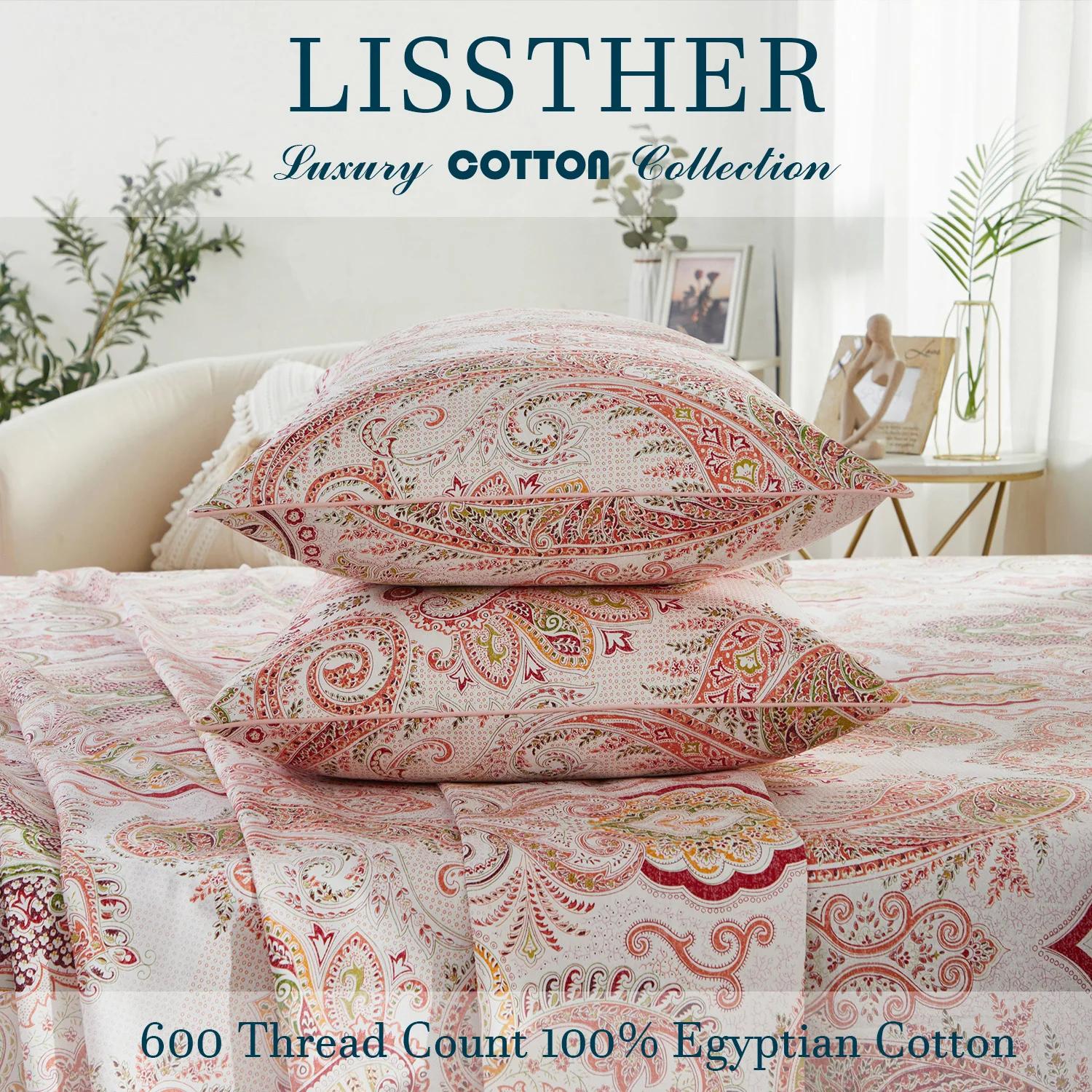 Ensemble de housse de couette 3 pièces 600TC 100% coton égyptien, imprimé Paisley rose Boho, doux et