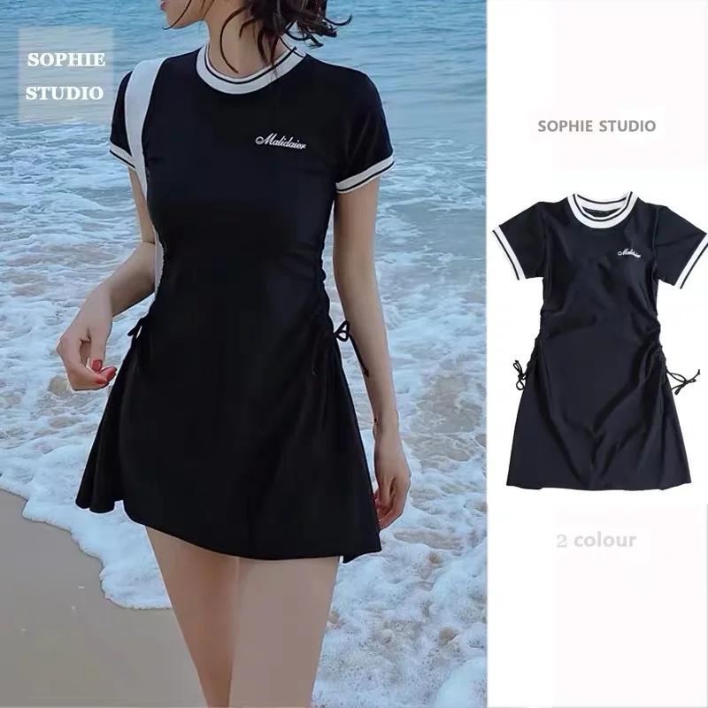 Maillot de bain une pièce femme sexy ventre couvrant - Manches courtes style coréen pour printemps chaud