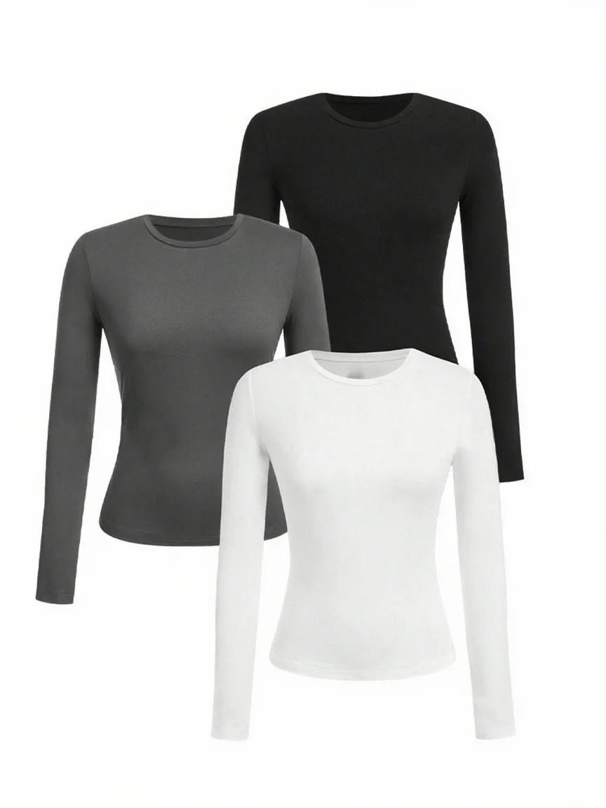 T-shirt femme manches longues couleur unie - Tissu tricoté polyester, col rond, coupe régulière, sty