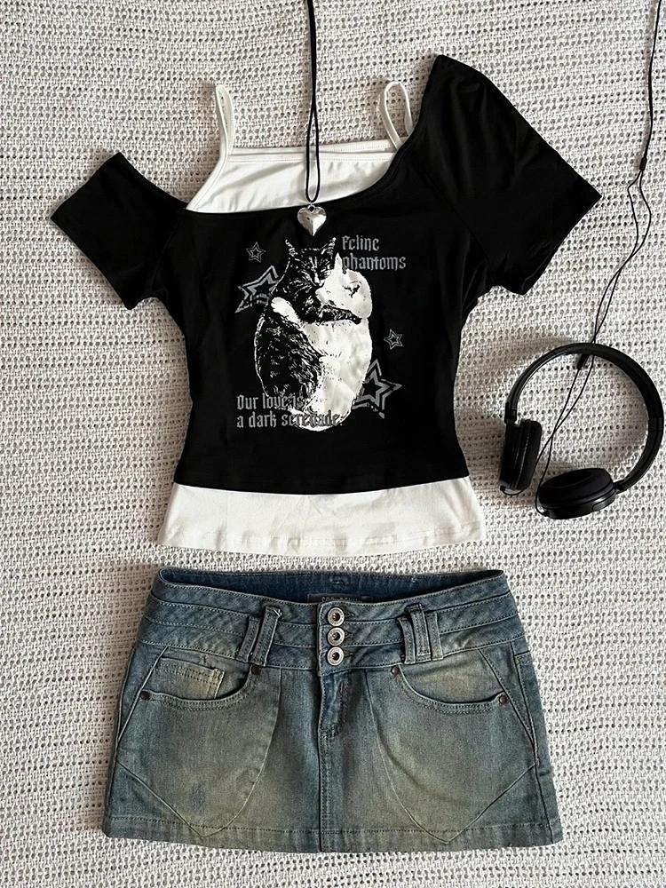 Asthetische Goth Fledermaus Brief Y2K Stil zweitelige T-Shirt Kurzarm Weste Harajuku Streetwear Hose