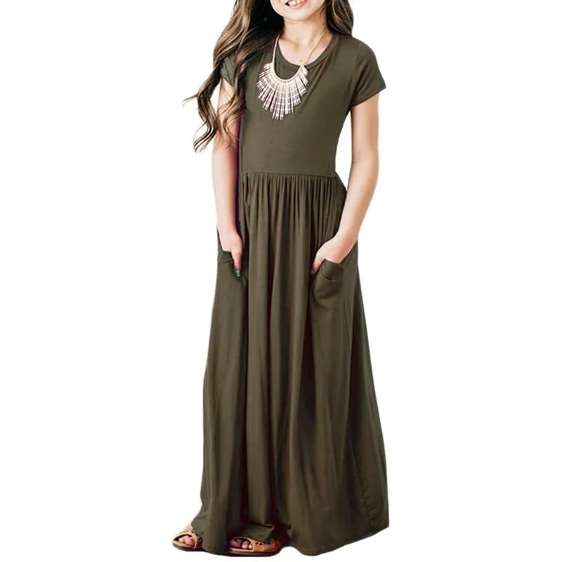 Robe longue d'été pour filles, couleur unie, manches courtes, plage, fête d'anniversaire, décontract