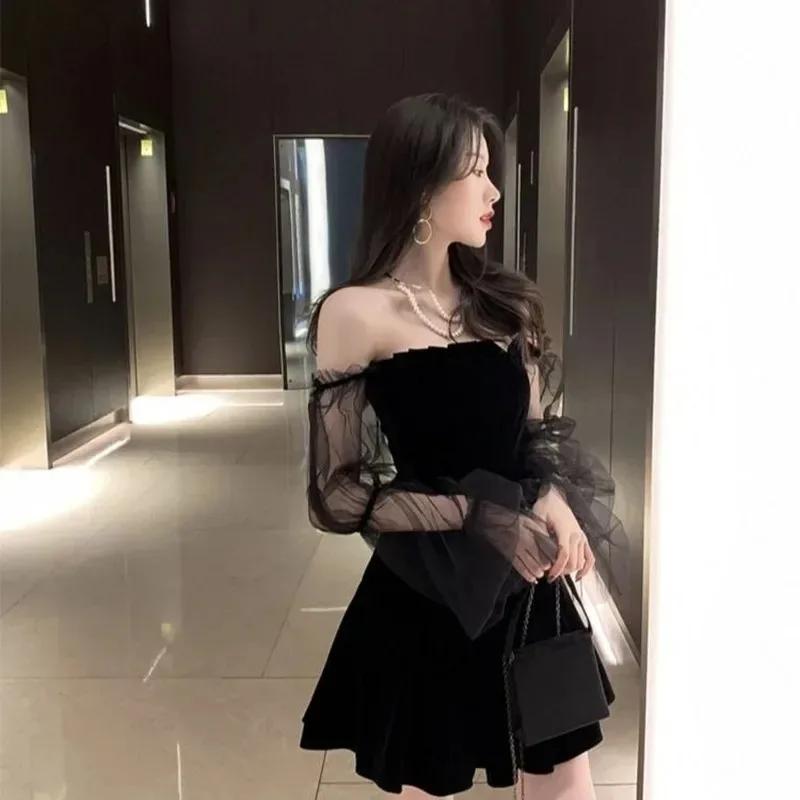 Nouveau 2025 noir rétro robe femmes dentelle mousseline de soie Mini robe femme haute rue Sexy mode 
