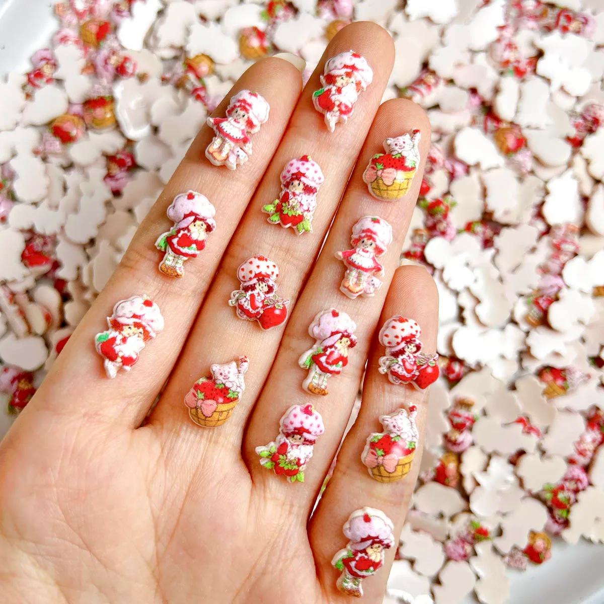 30 pièces simulé dessin animé mignon fraise fille résine ongles breloques 3D créatif doux fraise cha
