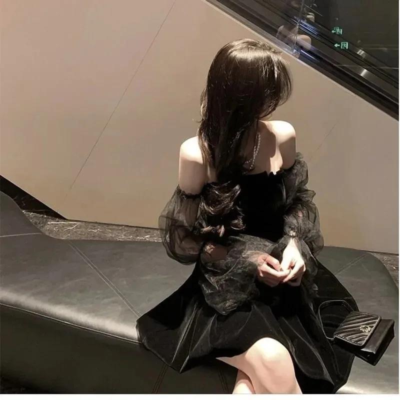 Nouveau 2025 noir rétro robe femmes dentelle mousseline de soie Mini robe femme haute rue Sexy mode 
